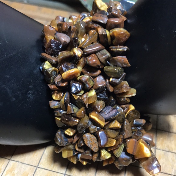 Semiprecious Tigers Eye Stone Crystal Wide 1.5” Band Bracelet 7”L Elastic EVC - Picture 4 of 10